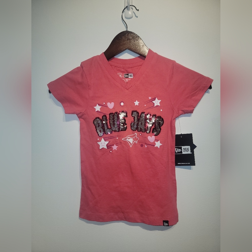 NWT New Era Toronto Blue Jays Flip Sequin Pink V-Neck T-Shirt – Girls Size 4/5